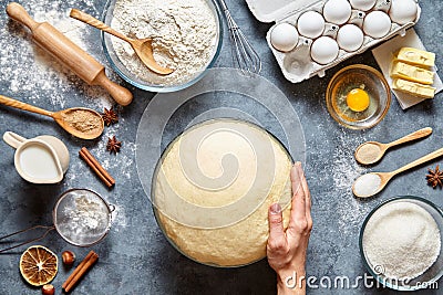 Hands working with dough preparation recipe bread, pizza or pie making ingridients Stock Photo