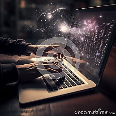 Hands working on laptop, AI generated Stock Photo