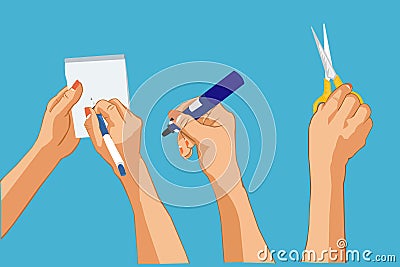 Hands writing note ,holding Whiteboard pen, holding scissors. Stock Photo