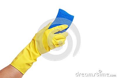 Hands in yellow glove with sponge Stock Photo