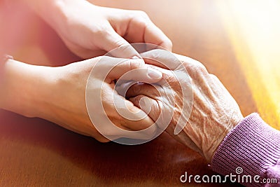 Hands of young adult and senior women. Care and elderly concept. Stock Photo