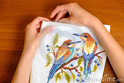 Hands of a young woman embroidering cross picture Stock Photo