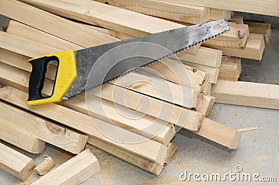 Handsaw on boards Stock Photo