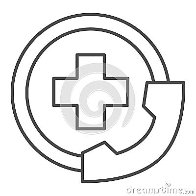 Handset and medicine cross thin line icon, Medical concept, Emergency call sign on white background, Handset with Vector Illustration