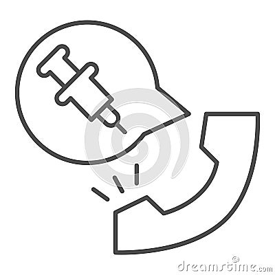 Handset and syringe in bubble chat thin line icon, injections concept, online medicine sign on white background, Call Vector Illustration