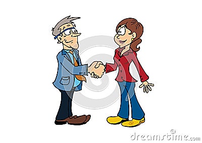 Handshake senior man and middle aged woman Vector Illustration