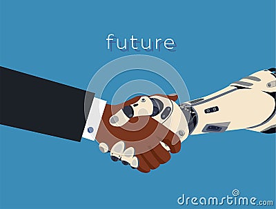 Handshake of african human and cyber hands Vector Illustration