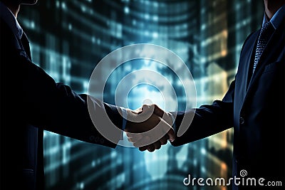 Handshake amid office, Smiling businessmen unite with global business graphic Stock Photo