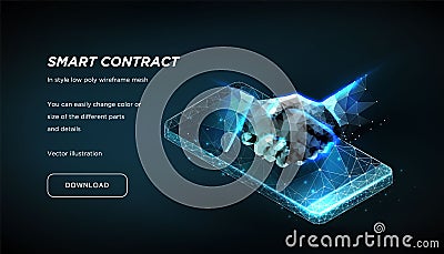 Handshake on the background of the smartphone of the low poly wireframe on dark background.Concept of e-signature. Vector Vector Illustration