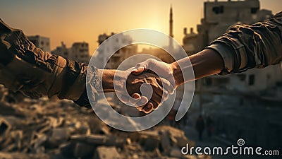 Handshake and blur background of silhouette against sunlight pass through wreck and ruin of existing city after warfare. Stock Photo