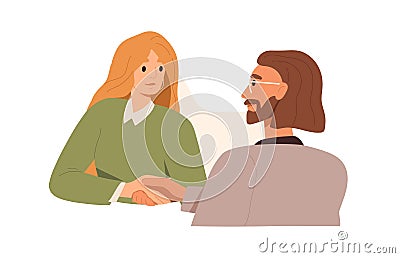 Handshake of business partners. Colleagues, man and woman, shaking hands, making deal, agreeing. Partnership Vector Illustration