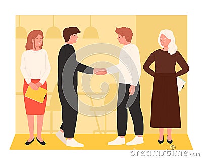 Handshake of business people on meeting, two satisfied office workers shake hands Vector Illustration