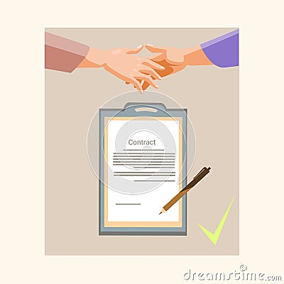 Handshake Businessman Contract Sign Up Paper Document, Business Man Hands Shake Pen Signature Vector Illustration