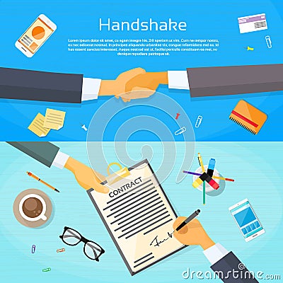 Handshake Businessman Contract Sign Up Paper Vector Illustration