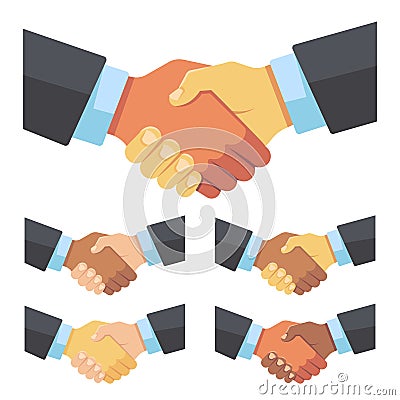 Handshake of businessmen of different races. Business team, agreement and big deal vector flat concept Vector Illustration