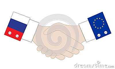 Handshake of diplomatic business agreements and a peaceful between Russia and European Union Vector Illustration