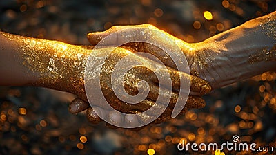handshake between female and male hands smeared with gold sparkles, conclude an agreement, Golden Rule Day concept Stock Photo