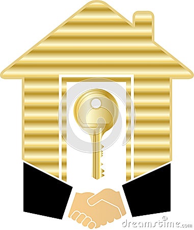 Handshake with gold house and key Vector Illustration