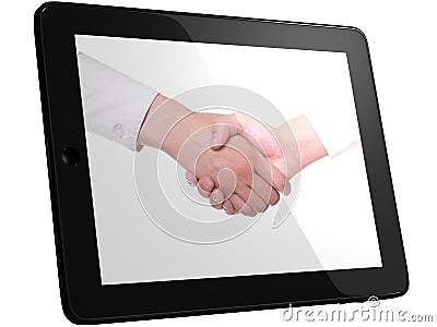 Handshake, Handshaking on Tablet PC Computer Stock Photo