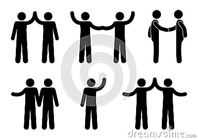 Handshake icon, stick figure man, people hold hands, human silhouette Vector Illustration