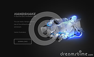Handshake low poly wireframe art on black background. Hand gesture of help or support or energy or power. concept of steel hands Vector Illustration