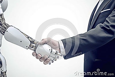 Handshake of a man with an android, robotic artificial intelligence of a cyborg. AI generated. Stock Photo
