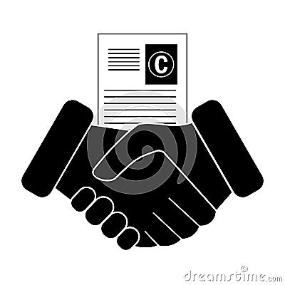 Handshake, paper document with copyright icon. Concept partnership, trust and collaboration. Vector illustration. Vector Illustration
