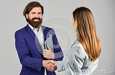 Handshake partners. Partnership and leadership. Equality. Business contract. Consulting. Business couple working. Couple Stock Photo