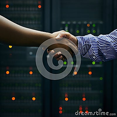 Handshake, partnership or people in server room of data center worker for network help with IT support. B2b deal Stock Photo