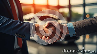 Handshake between a professional seller and an excited buyer at a car dealership. This image represents the successful completion Stock Photo