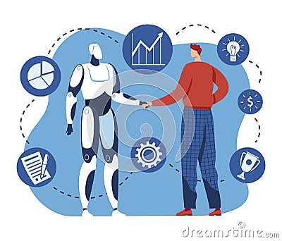 Handshake with robot, human and ai technology work together, vector illustration. Human hold future cyborg machine hand. Vector Illustration