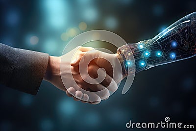 Handshake Robot and human. Modern technologies. Stock Photo