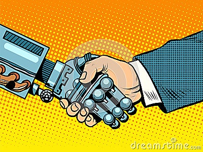 Handshake of robot and man. New technologies evolution Vector Illustration