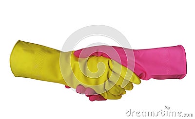 A handshake is in sanitary gloves Stock Photo
