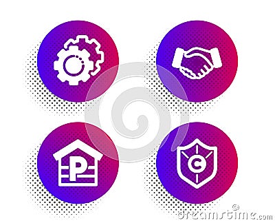 Handshake, Settings gears and Parking icons set. Copyright protection sign. Vector Vector Illustration