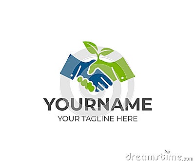 Handshake and sprout logo template. Cooperation, deal and growth of business vector design Cartoon Illustration