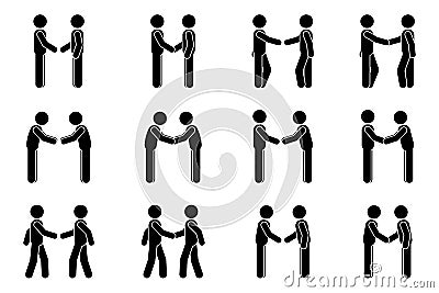 Handshake stick figure man side view poses postures vector icon set. Stickman business partners meeting deal agreement pictogram Cartoon Illustration