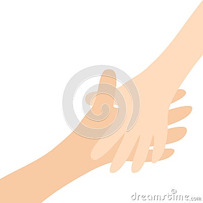 Handshake. Two hands arms reaching to each other. Happy couple. Mother and child. Helping hand. Close up body part. Baby care. Whi Vector Illustration