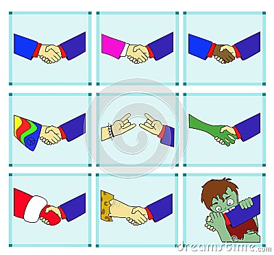 Handshakes with different representatives of humanity Vector Illustration