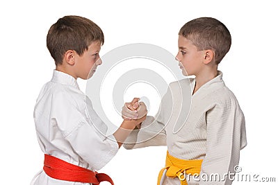 Handshaking boys in kimono Stock Photo