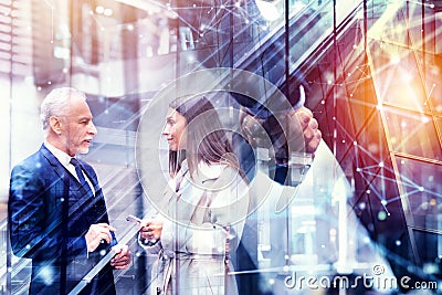 Handshaking business person in office. concept of teamwork and partnership. Double exposure Stock Photo