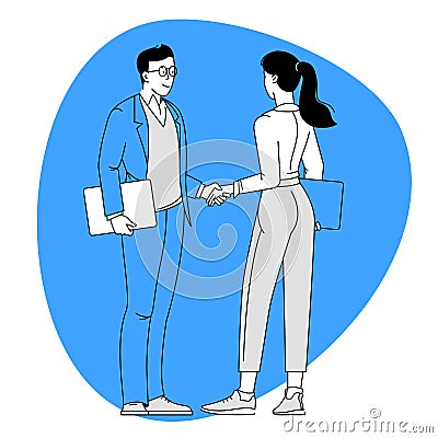 Handshaking managers at office meeting. Vector Illustration