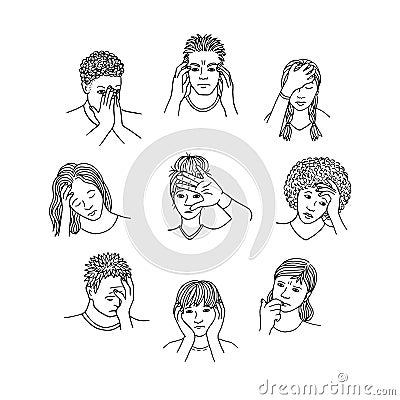 Handsketched people with sad, depressed and anxious faces Vector Illustration