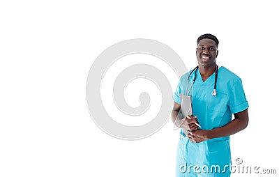 a handsome African-American doctor smiles standing on a white isolated background Stock Photo