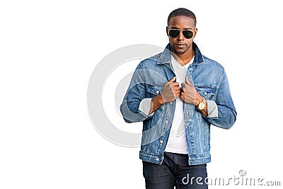 Cool hip modern and stylish, fashionable commercial male african american model, sunglasses and jean jacket Stock Photo