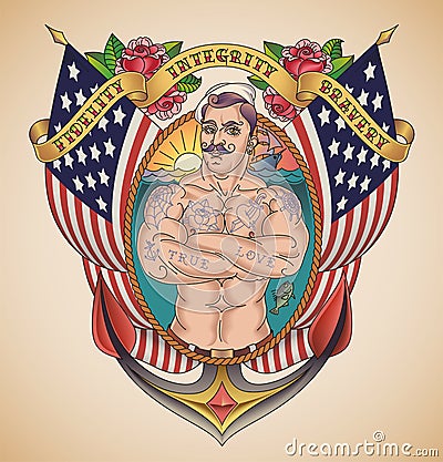 Handsome American Sailor Tattoo Vector Illustration