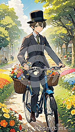 A handsome anime boy riding classic bicycle, with abundance colorful flowers spilling from baskets, open field, anime style Stock Photo