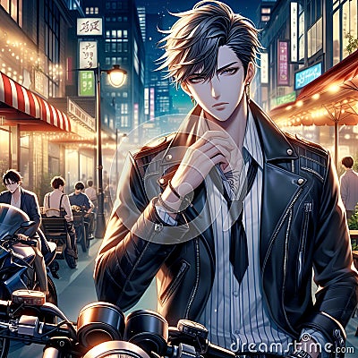 A handsome anime man with his motorcycle, on the city street, with the lights from the cafes, night scene, wallpaper, fantasy Stock Photo