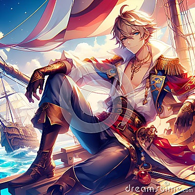 A handsome anime pitrate man sitting on the pirate ship, pirate costums, dreamlike, digital anime art, wallpaper, fantasy art Stock Photo