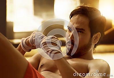 Handsome asian muscular man doing sit-ups Stock Photo